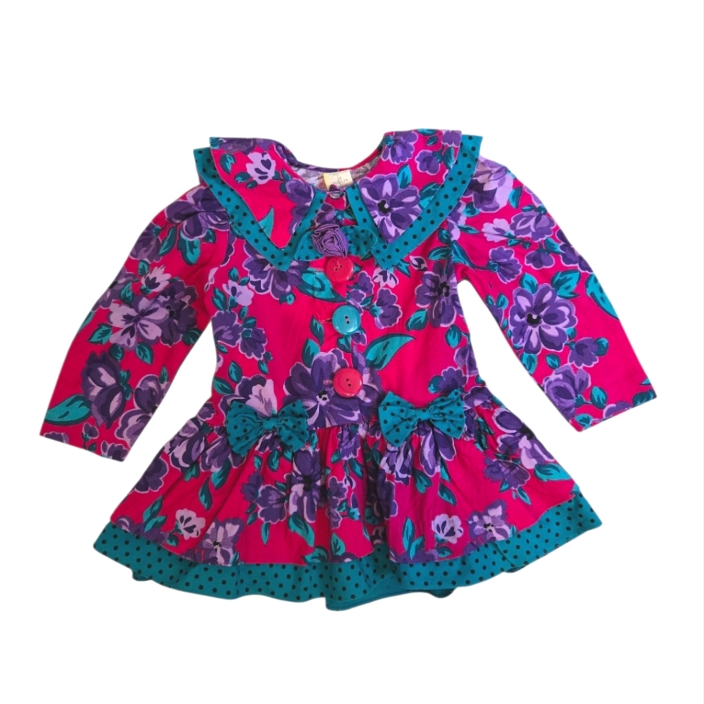 Vintage 1990s Ruffle Long Sleeve Floral Pink Teal Purple Dress
